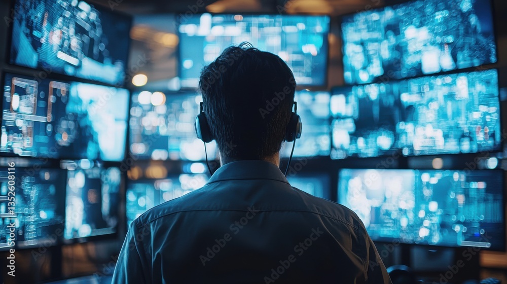 Data analyst monitoring systems office digital display indoor back view Data analyst monitoring systems office digital display indoor back view