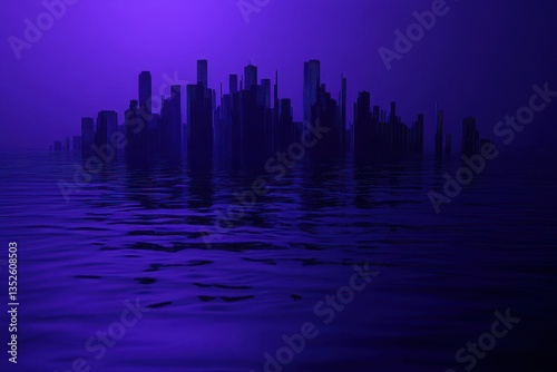Abstract city skyline reflecting in the shimmering water at dusk