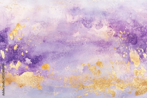 An abstract watercolor background blending soft lavender hues with gold accents, creating a tranquil and elegant atmosphere. The delicate textures and  
