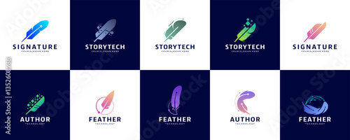 Collection of feather logos with technology concepts, legal symbols, notaries, law firms, graphic design templates.