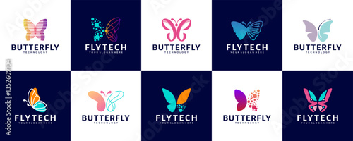 collection of technology logos with abstract butterfly shapes, symbol of beauty, digital services, graphic vector illustration.
