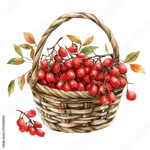 A watercolor vector painting of a barberry basket, isolated on a white background. Barberry basket vector.

