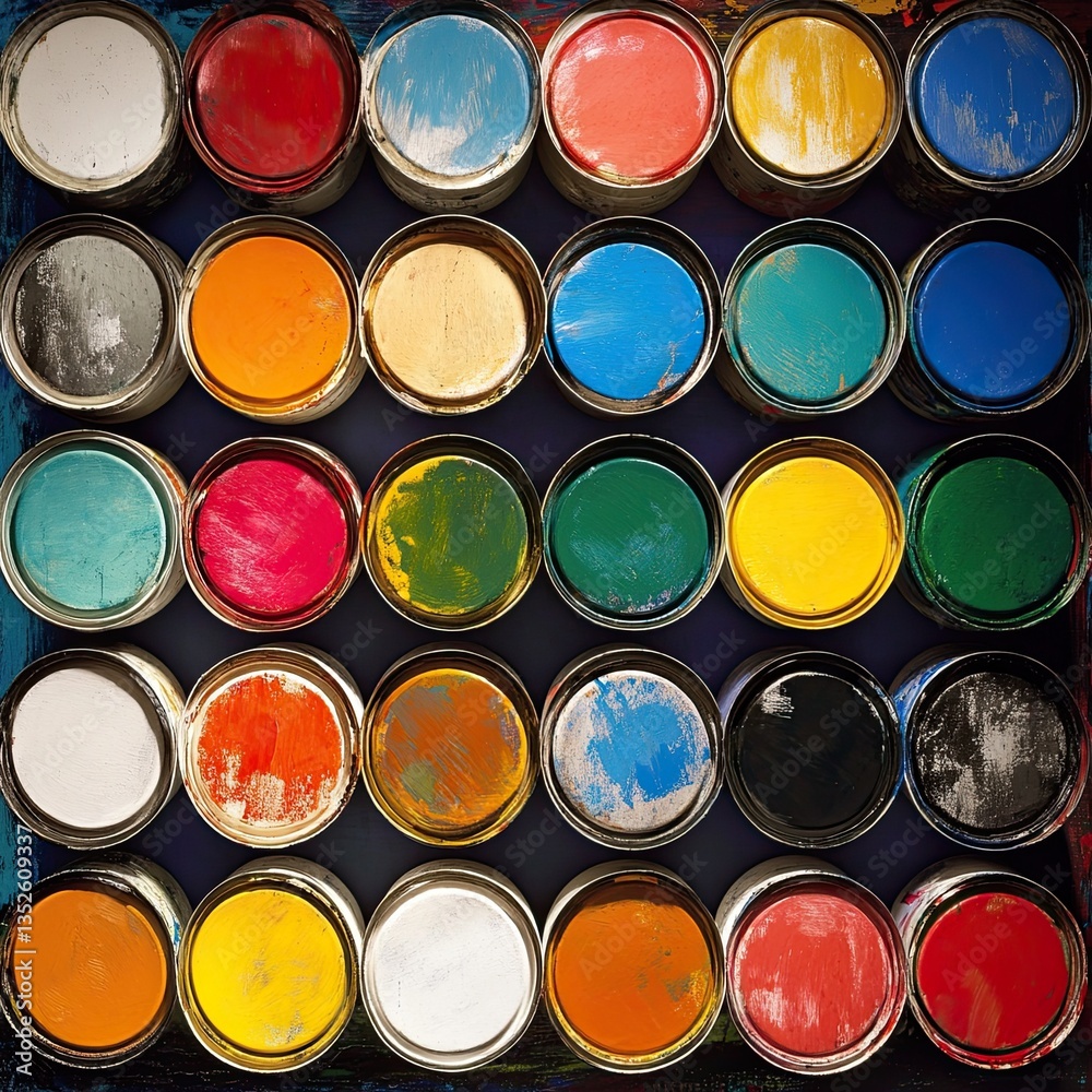 Farbdosen mit verschiedenen Farben (Paint cans with different colors). Farbdosen mit verschiedenen Farben (Paint cans with different colors).