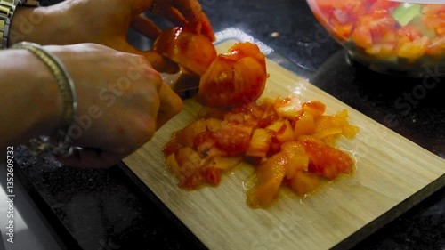 Slow Motion Close-Up of Woman’s Hands Chopping Tomatoes on Wooden Board – 4K Crisp Cooking ASMR Visual