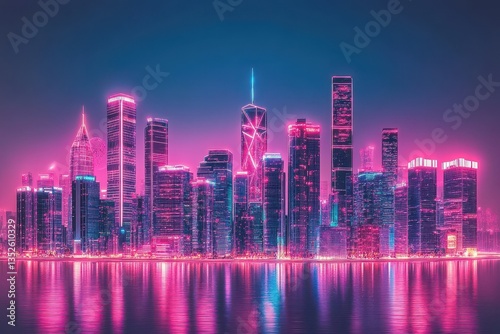 Neon Lights Illuminate a Futuristic Cityscape Reflected in Water