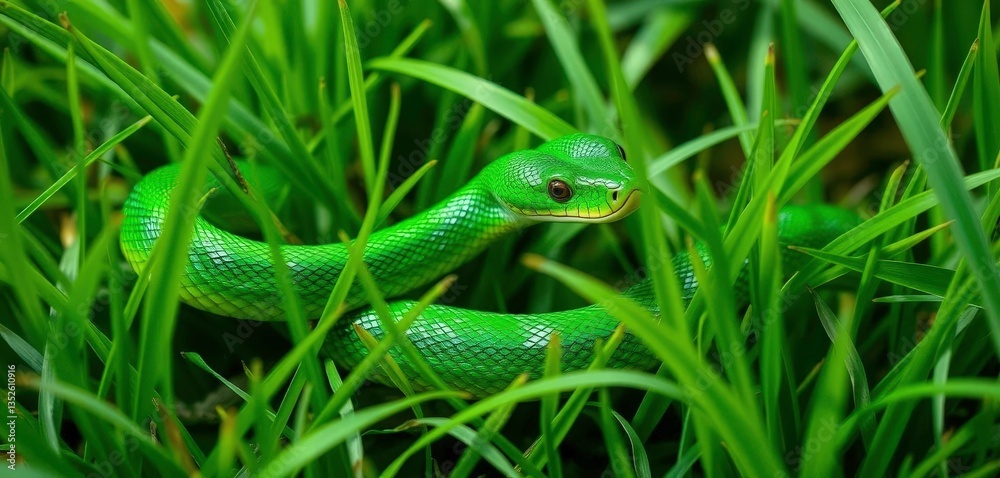 Obraz premium Emerald green snake camouflaged in lush green grass, detail, close-up