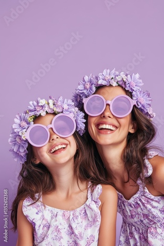 Mother-Daughter Lavender Delight: Two radiant figures, a mother and daughter, share a moment of pure joy, adorned with matching floral crowns and playful lavender sunglasses.