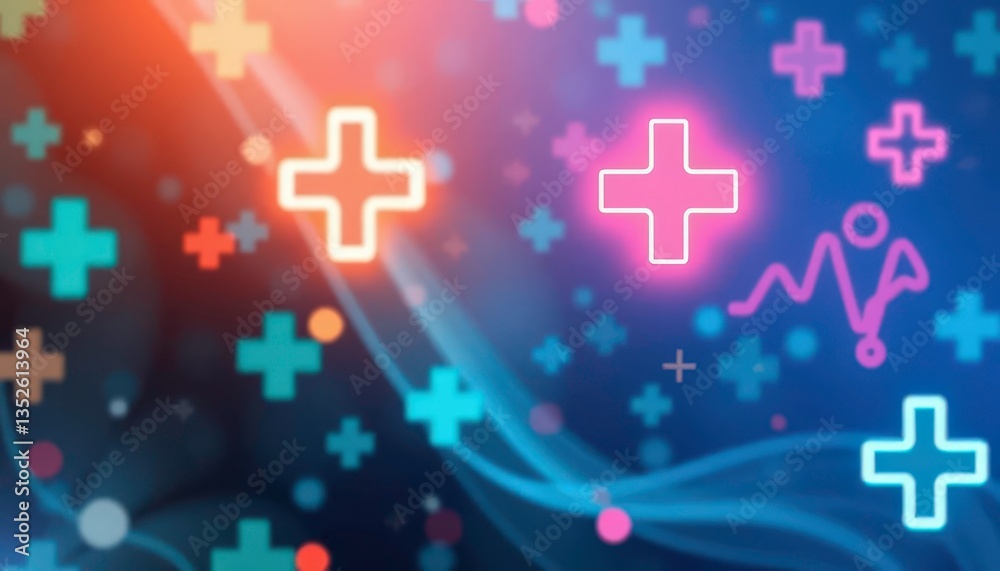 Obraz premium Abstract medical background with glowing cross symbols and health icons, doctor, nurse