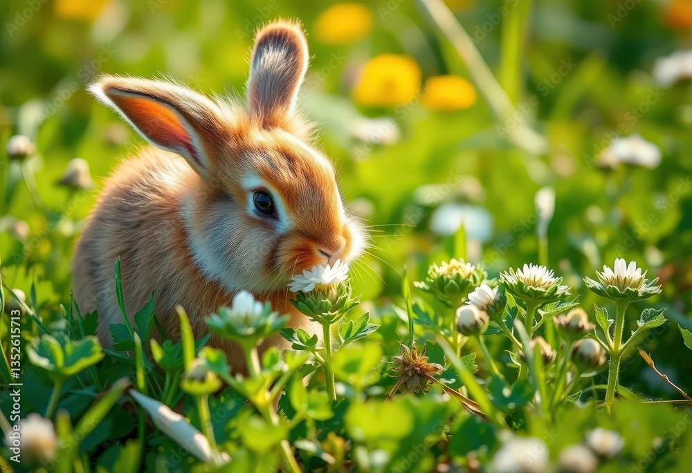 Fototapeta premium A fluffy brown rabbit nibbles clover in a sun-drenched meadow, countryside, cute