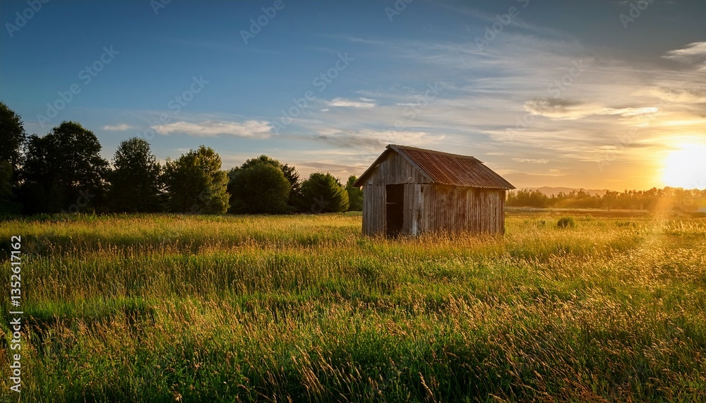 abandoned wooden shed in a grassy field at sunset with trees in the background landscape with copy space abandoned wooden shed in a grassy field at sunset with trees in the background landscape with copy space