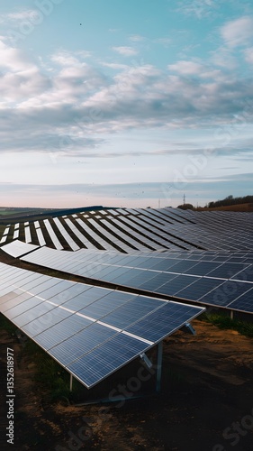 Solar panels reflect sunlight at a renewable energy farm near a coastline during late afternoon hours with clouds in the sky vertical