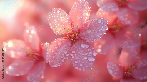 A close-up of cherry blossoms in full bloom, with delicate pink petals and sparkling dewdrops.