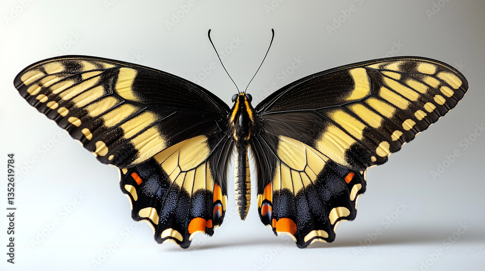 Obraz premium A majestic Eastern Tiger Swallowtail butterfly, showcasing its vibrant yellow and black wings against a soft, neutral background.