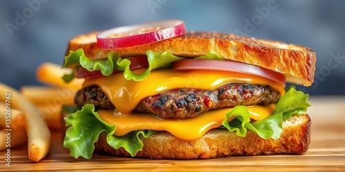 Juicy beef patty, melted cheese, crisp lettuce, tomato, onion, on toasted bread, linotype style, illustration, toasted