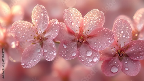 A close-up of delicate pink cherry blossoms, with water droplets glistening on their petals and the background. 
