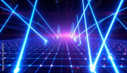 Bright blue digital beams converge on a glowing grid horizon, futuristic tech, futuristic, network