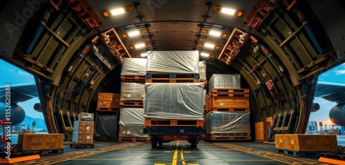 Large cargo plane's hold being filled with diverse freight pallets,  shipping industry, supply chain