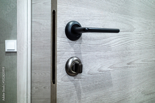 Modern door, Grey wood-grain door with a matte black handle and lock. Interior architecture.