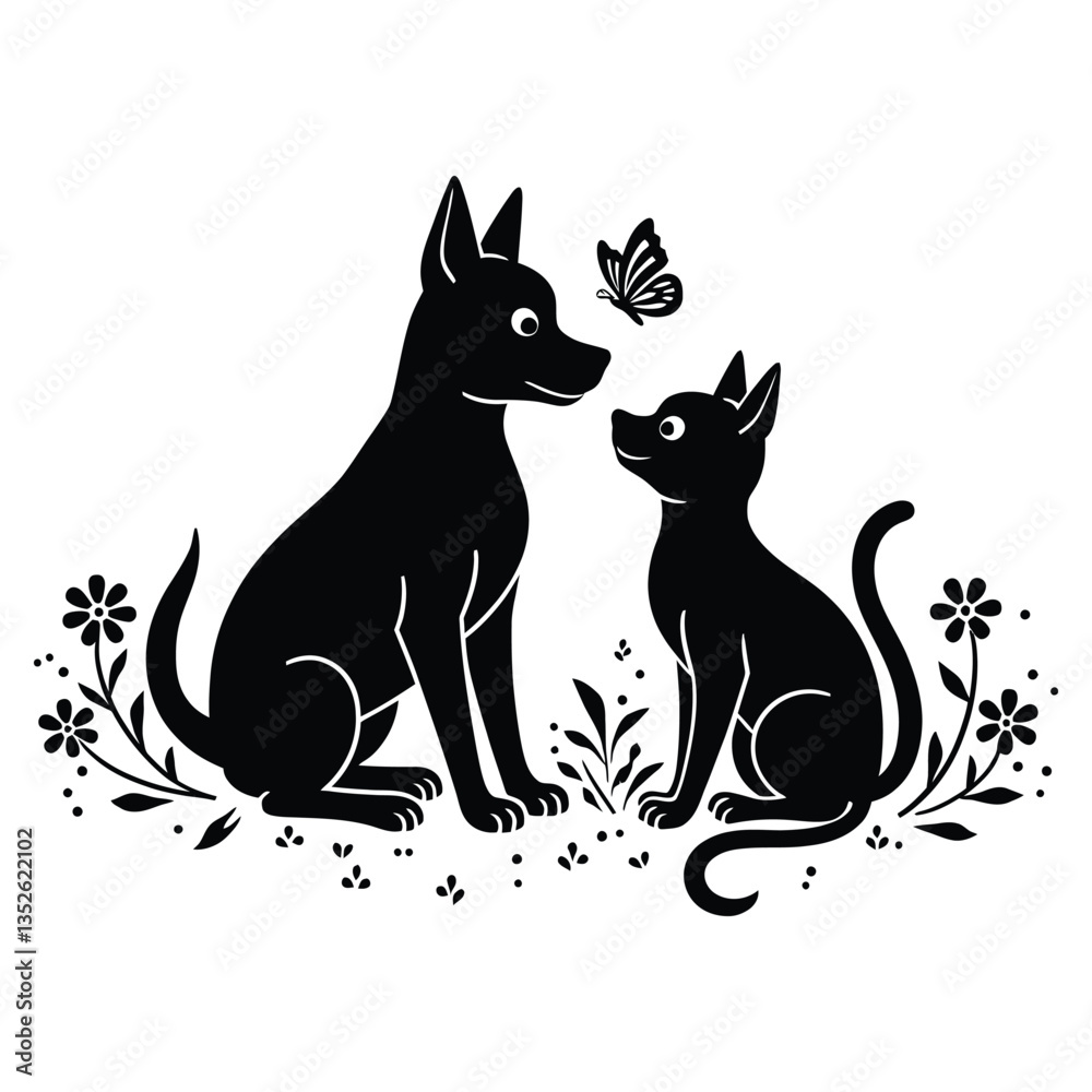 Black and White Dog and Cat Vector Illustration with Butterfly, Stylized Pet Silhouette with Floral Elements in Vector Art, Elegant Dog and Cat Design for Tattoos, Stickers, and Prints Black and White Dog and Cat Vector Illustration with Butterfly, Stylized Pet Silhouette with Floral Elements in Vector Art, Elegant Dog and Cat Design for Tattoos, Stickers, and Prints