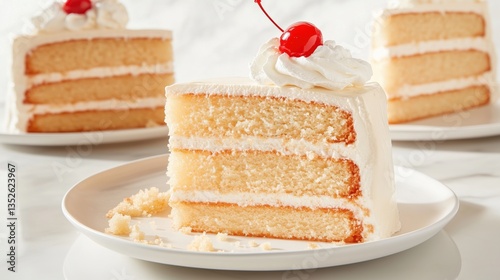 A slice of vanilla cake with cream frosting and a cherry on top, served on a white plate.