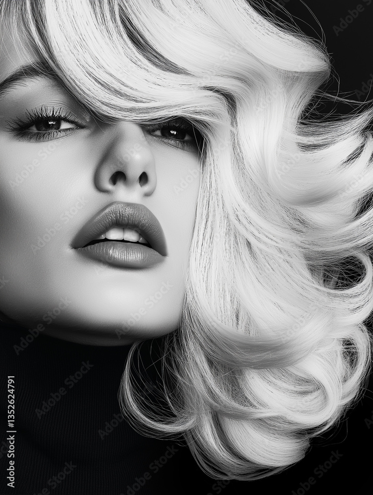 Artistic, closeup black and white glamorous portrait of a beautiful woman with voluminous blonde hair and glamorous makeup, conveying attraction, elegance and sophistication. Artistic, closeup black and white glamorous portrait of a beautiful woman with voluminous blonde hair and glamorous makeup, conveying attraction, elegance and sophistication.