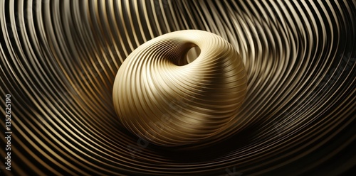 A golden toroid shape resting in a textured metallic environment