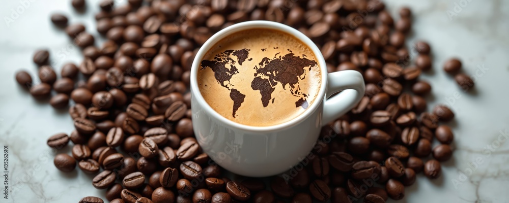 Fototapeta premium Coffee cup with world map on foam espresso surface. Coffee beans surround travel-themed drink. Symbol of global connection in cafes, restaurant, coffee shop. Enjoy hot beverage, warm light morning.