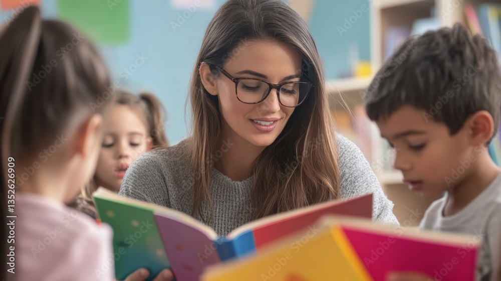 A female teacher is reading books to children in the classroom. A female teacher is reading books to children in the classroom.