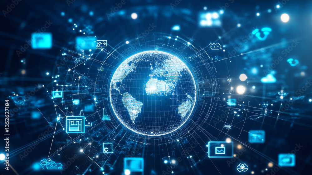 Internet of Things (IOT) Smart concept of digital technology Global network communication connection. Abstract polygon cloud globe connected icon on dark blue background. online e-commerce business. Internet of Things (IOT) Smart concept of digital technology Global network communication connection. Abstract polygon cloud globe connected icon on dark blue background. online e-commerce business.