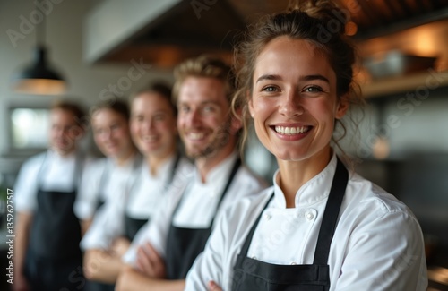Fototapeta Naklejka Na Ścianę i Meble -  Smiling chef with team in restaurant kitchen. Happy, cheerful workers in uniform. Pro cookery staff, culinary experts. Restaurant business, modern eatery, cafe, gastronomy, food industry.
