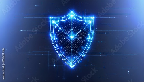 A futuristic digital shield of protection in shades of blue and white. photo