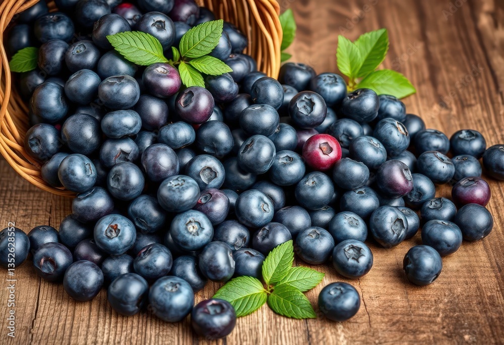 Overripe blueberries spill from a wicker basket onto a rustic wooden table, texture, spilled Overripe blueberries spill from a wicker basket onto a rustic wooden table, texture, spilled