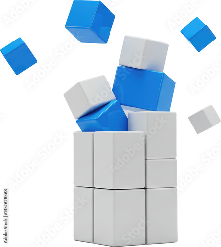 Abstract 3D rendering of blue and white cubes falling and stacking building blocks concept design