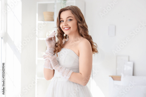 Beautiful bride smiling in ...