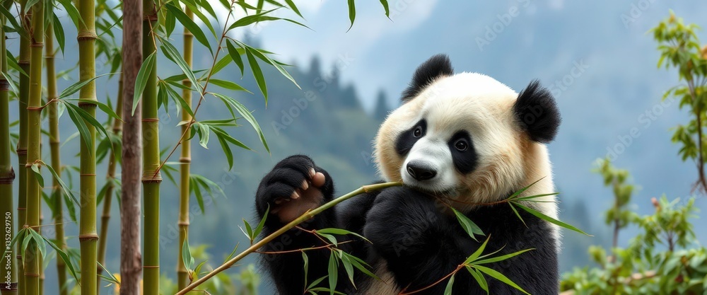 Obraz premium Giant panda feeding on bamboo, misty mountain backdrop, habitat, relaxing