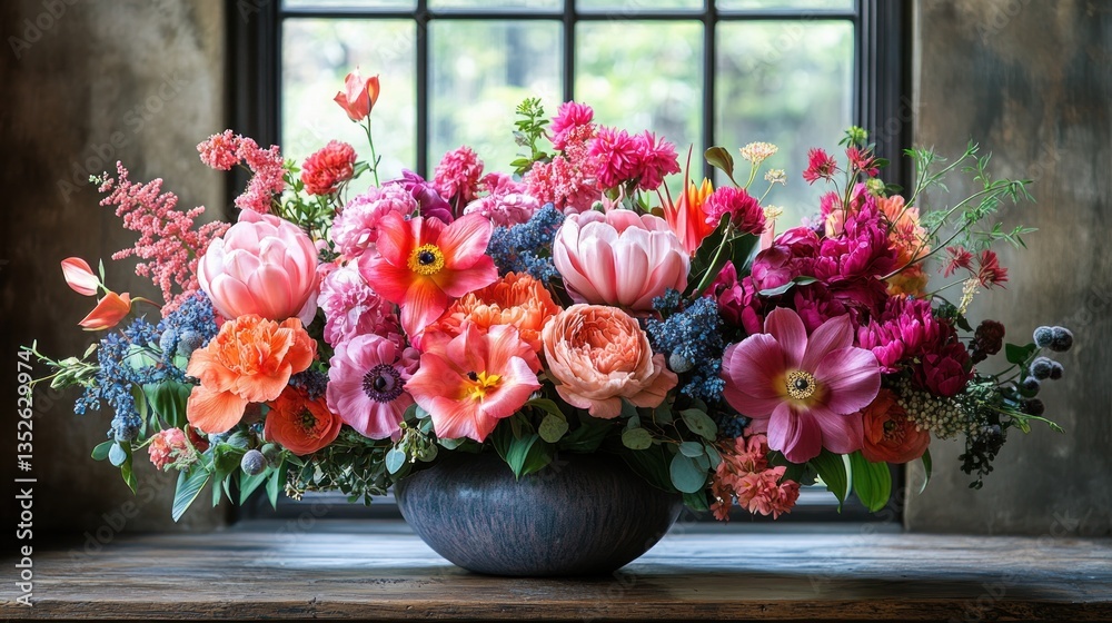 Fototapeta premium Vibrant Floral Arrangement in a Dark Bowl Near a Window