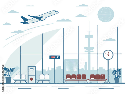 Airport interior with flight departures and arriving airplane  