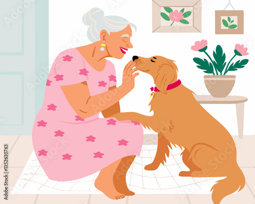 Elderly woman joyfully interacting with her golden retriever indoors  