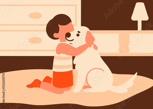 Child expressing affection to a dog in a cozy room  
