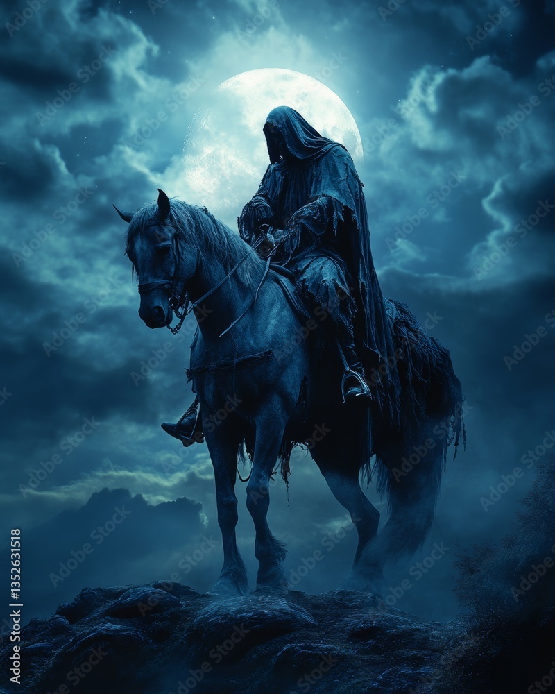 A grim warrior on a skeleton horse, with a moon in the background. A grim warrior on a skeleton horse, with a moon in the background.