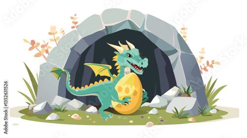 The Easter dragon who guards a magical golden egg hidden in a cave full of shiny stones and flowers.