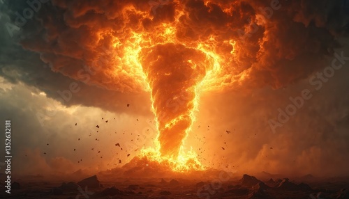 Fiery tornado tears through stormy sky. Dramatic image of destructive whirlwind, firestorm, natural disaster. Apocalypse scene, powerful energy released. Ominous dark clouds, apocalyptic, epic,