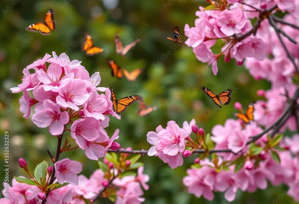 Pink sakura blossoms, fluttering butterflies, whimsical garden, macro, garden Pink sakura blossoms, fluttering butterflies, whimsical garden, macro, garden