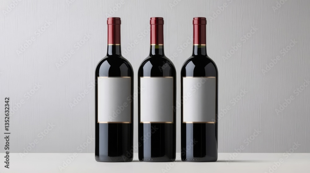 Three Red Wine Bottles with Blank Labels Mockup, beverage , alcohol Three Red Wine Bottles with Blank Labels Mockup, beverage , alcohol