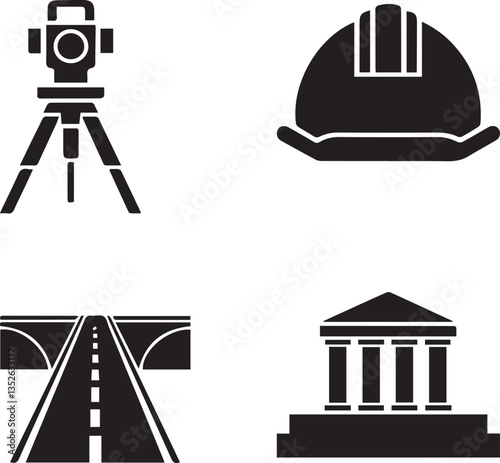 A vector silhouette illustration set of civil engineering logos, featuring construction tools, buildings, bridges, and structures. Ideal for engineering firms, architecture projects, 
