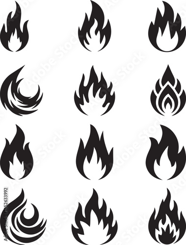 A vector silhouette illustration set of fire logos, featuring dynamic flame designs. Ideal for branding, sports teams, heating businesses, energy companies, and creative digital or print projects.