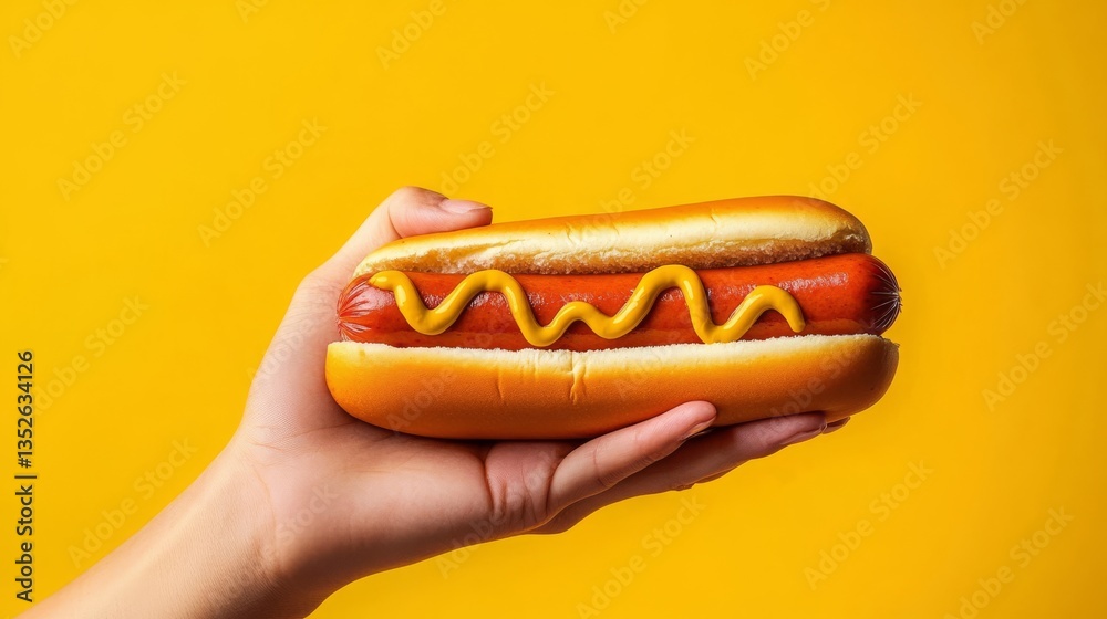 custom made wallpaper toronto digitalHand Holding Hotdog with Mustard on Yellow Background, food , fastfood