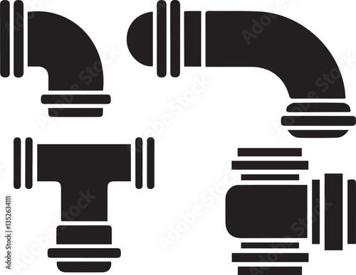 A vector silhouette illustration set of UPVC sanitary fittings, including tee, cross tee, bend, socket, and elbow. Ideal for plumbing designs, construction projects, technical drawings