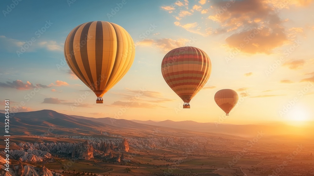 Fototapeta premium Hot air balloons soaring over a scenic landscape at sunset.