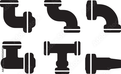 A vector silhouette illustration set of UPVC sanitary fittings, including tee, cross tee, bend, socket, and elbow. Ideal for plumbing designs, construction projects, technical drawings
